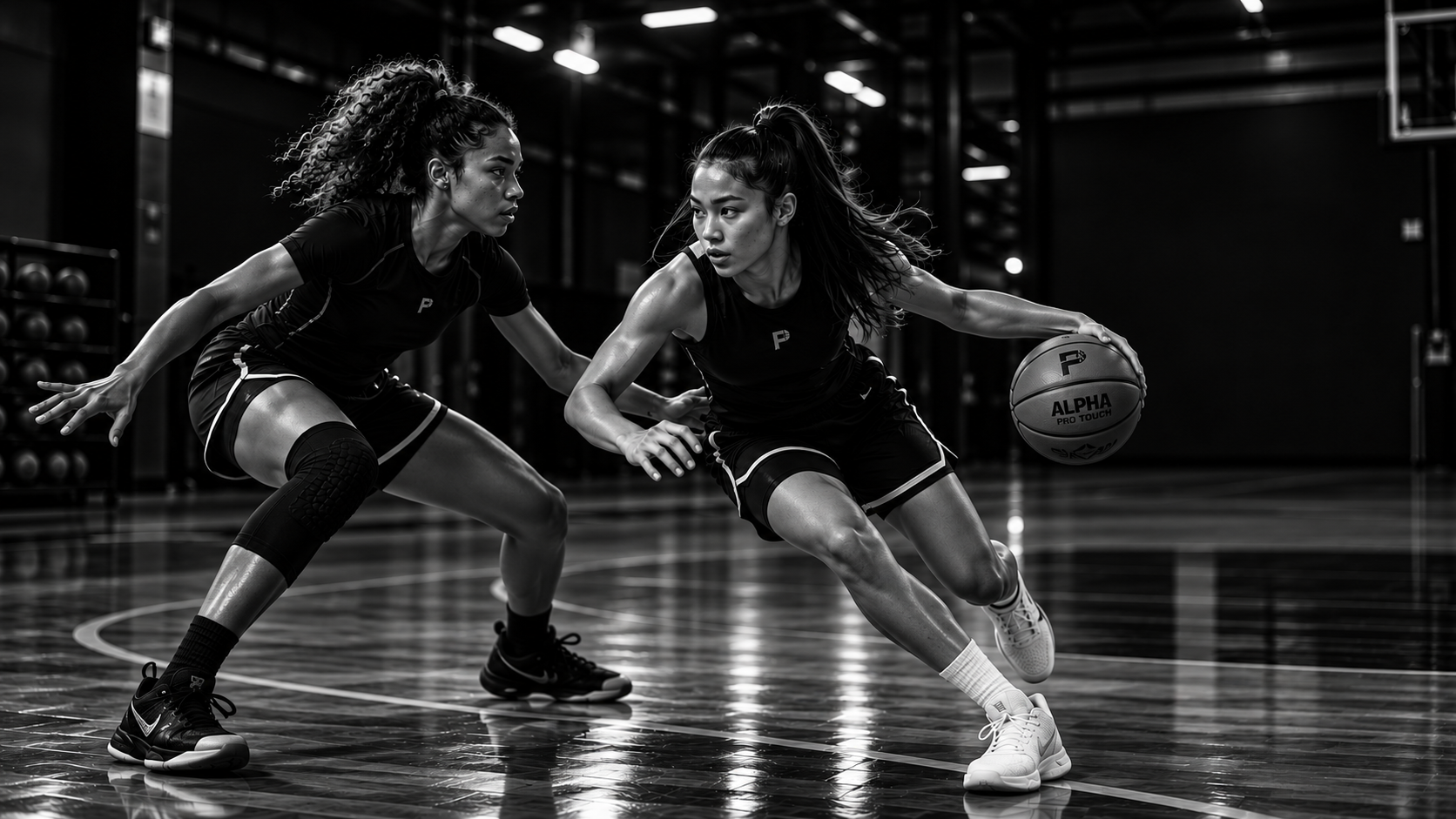 Basketball players competing one-on-one